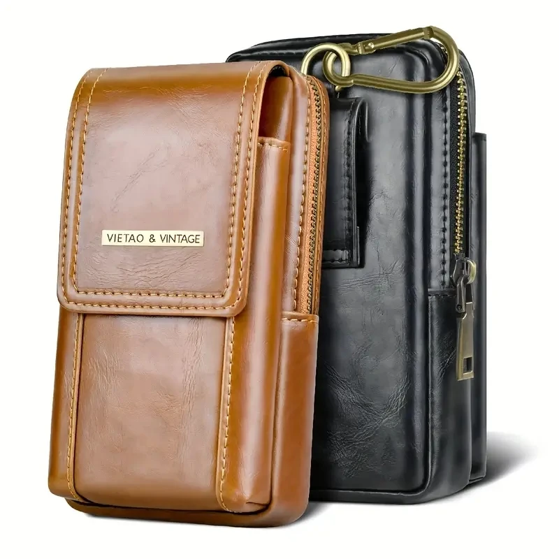 Outdoor High-end Large-capacity Mobile Phone Pockets With Hooks And Belts, Vertical PU Leather Double-layer Mobile Phone Bags