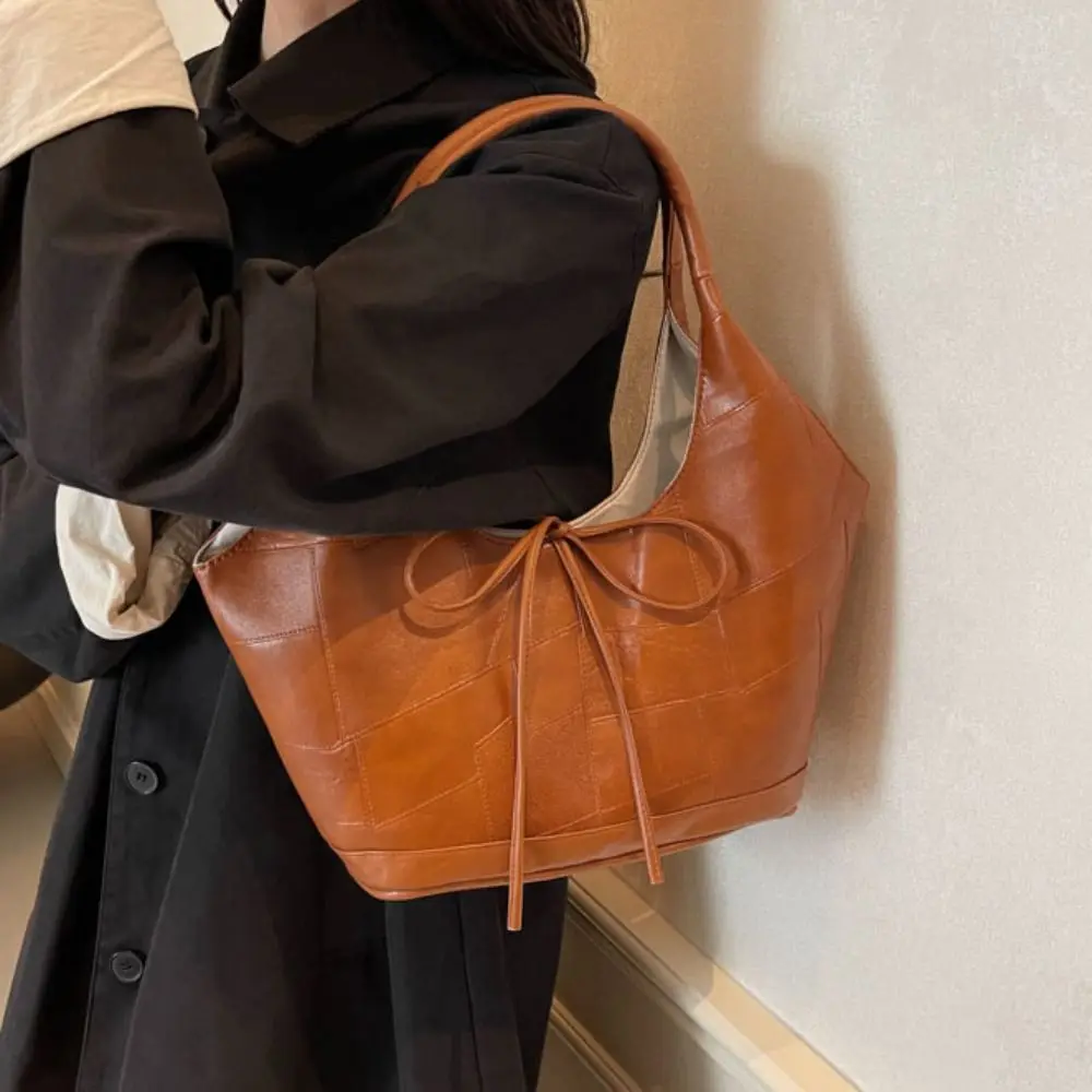 

PU Bow Underarm Bags Carrying Large Capacity Y2k Shoulder Bag Waterproof Korean Style Leather Tote Bag Class Commuting