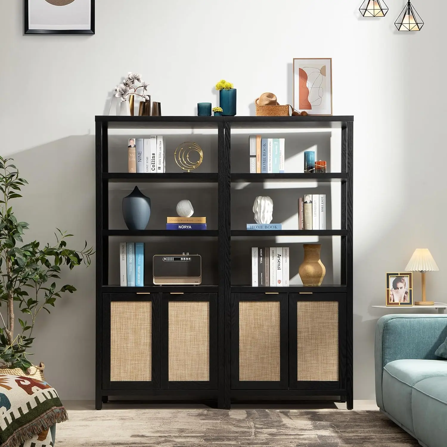 Bookshelf 5 Tier Book Shelf Rattan Boho Tall Bookcase with Doors Storage Wood Shelves Large Bookshelves Farmhouse (Black 2PCS)