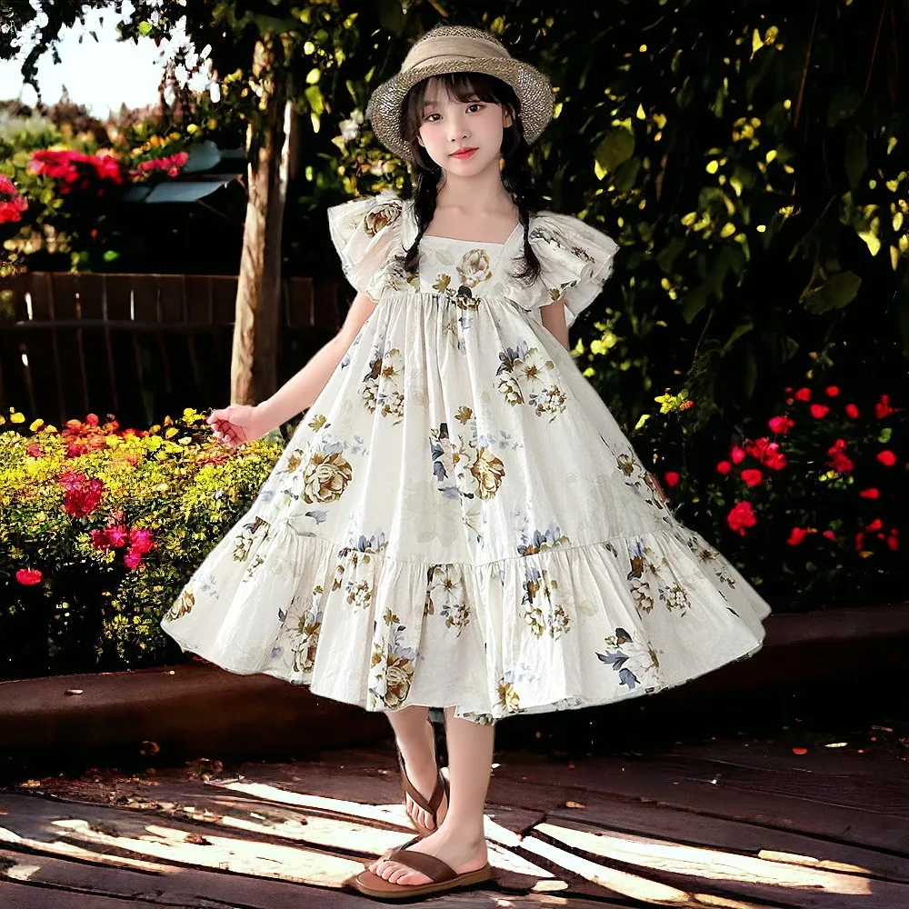 Baby Party Outfits Kids Flower Dresses for Girls Bohemia Maxi Petal Sleeve Dress Summer Children Costumes 6 7 8 9 10 12 13 Years