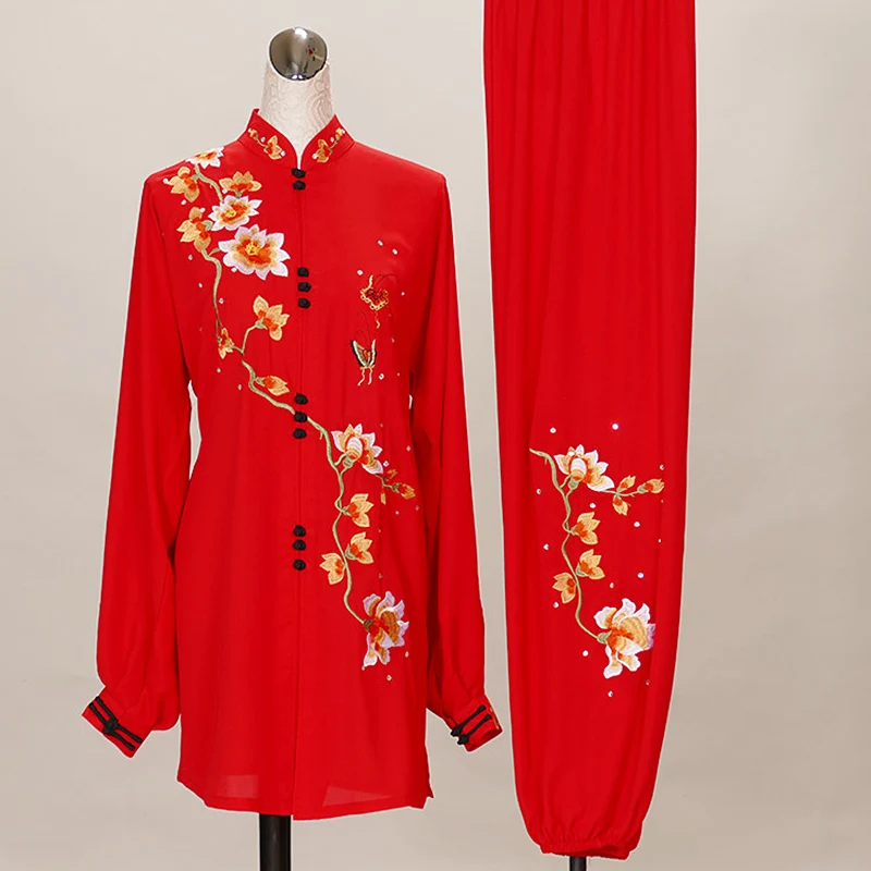 Starlight Linen Tai Chi Suit Women Bright Red Embroidered Flower Small Button Qigong Training Wear Custom Design Practice Outfit
