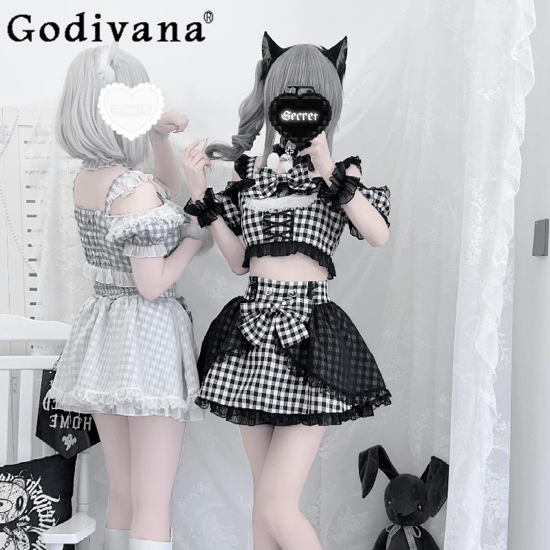 

Subculture Mine Mass-Produced Skirt Set Summer New Japanese Sweet Cool Lolita Outfits Cute Bow Off-Shoulder Halter Top Skirt Set