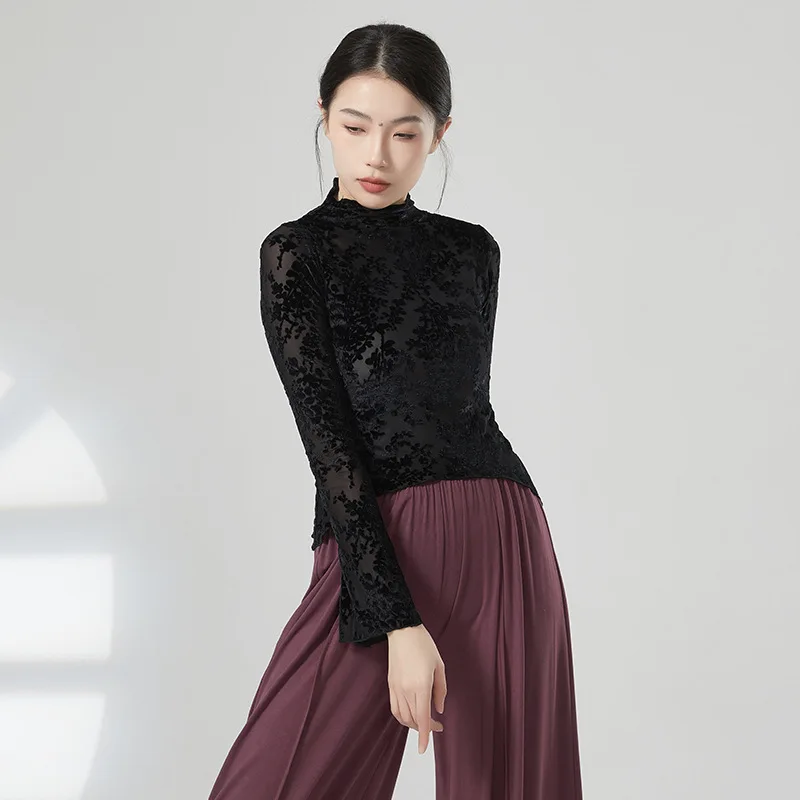 大人スリムフィット花柄メッシュフロックモックネックベリーダンス長袖ブラウスショートトップ衣装女性のための運動ダンス服