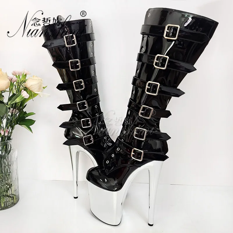 8Inches High heeled Queen Lighter Exotic Dancer 15cm The Knee Boots Platform Belt Buckle Sexy Fetish Stripper gladiator Gothic