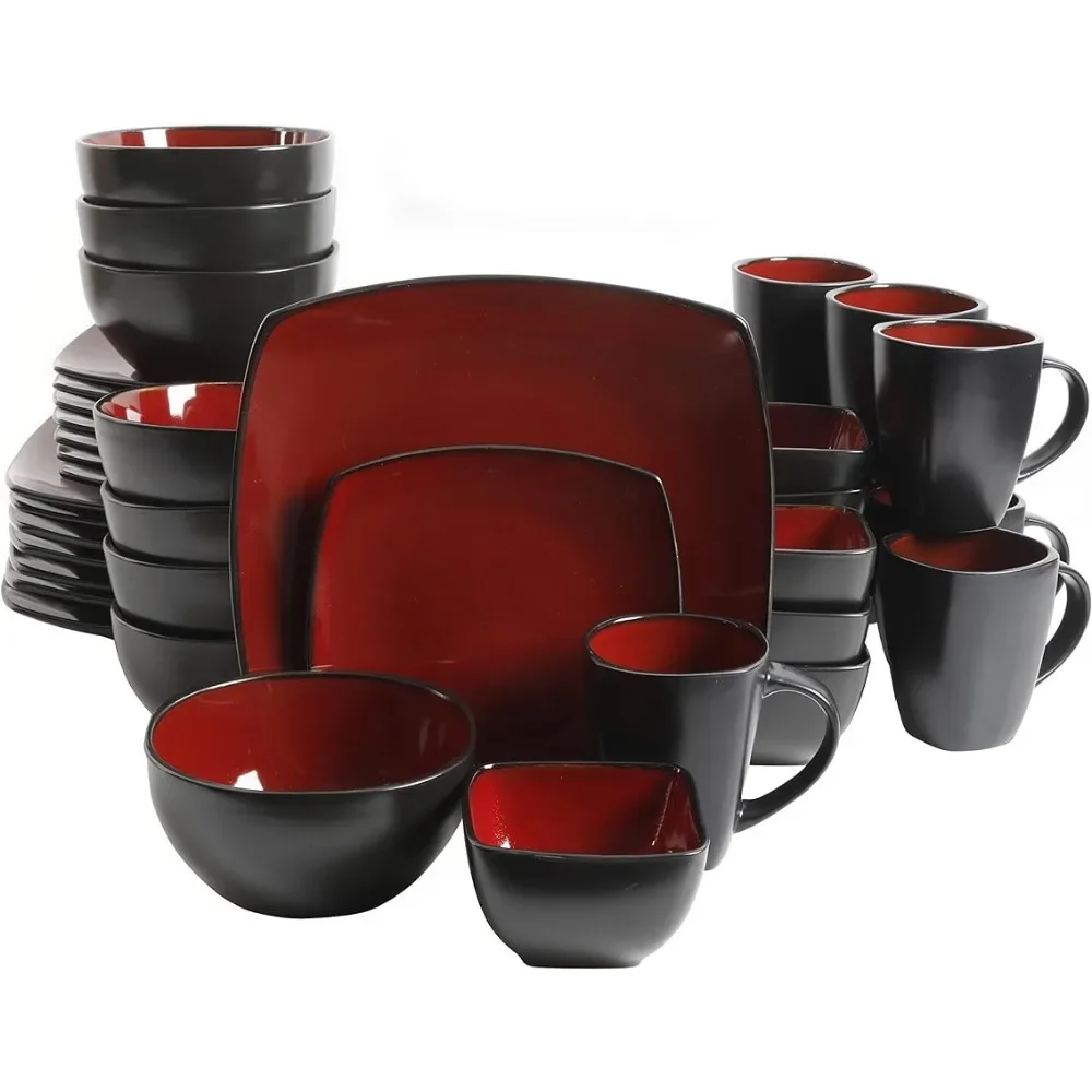 

Plate Set Luxury Service for 8 (40pc) Kitchen Utensils Sets Plates Red/Black Dish Square Reactive Glaze Stoneware Dinnerware Set