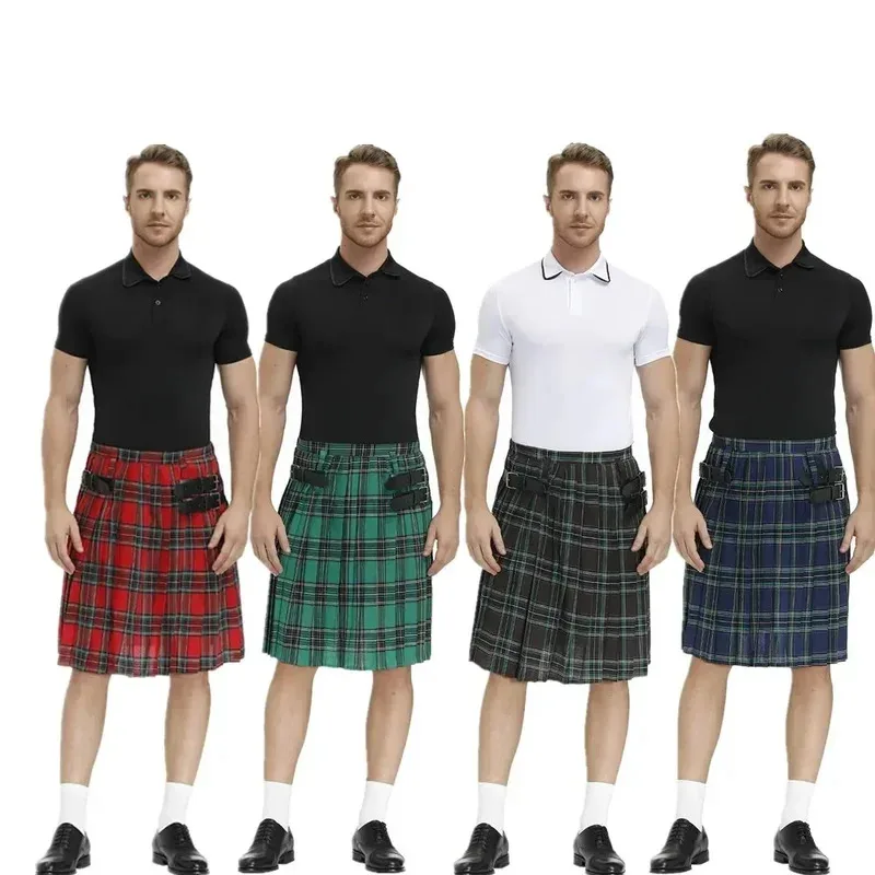 

Men Scotland Kilt Traditional Plaid Belt Pleated Bilateral Chain Gothic Punk Hip-hop Avant Garde Scottish Tartan Pants Skirts