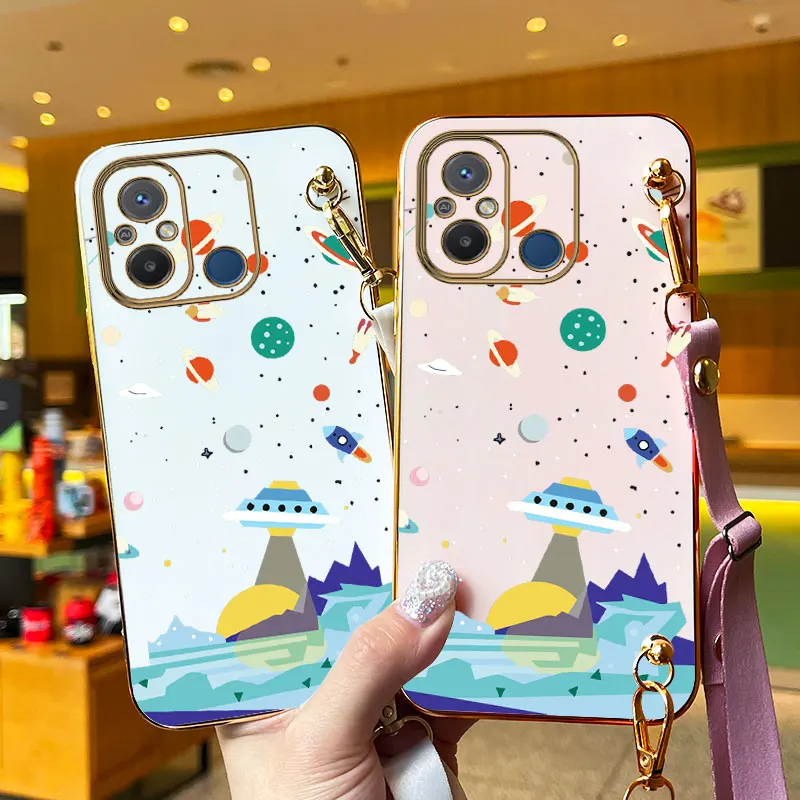 Sailing Spaceships Lanyard Plating Phone Case For Xiaomi Redmi 12C 12 9 9C 9A 10C 10A 13C 11A 10 9T 9i 8 8A A1Plus A1 Cover