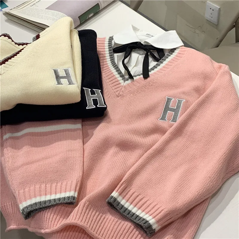 المرأة Harajuku نمط Preppy سترة ، فضفاضة ، بسيطة ، الخامس الرقبة ، عادية ، اليابانية ، خمر ، الكورية الموضة ، حار ، الخريف ، جديد