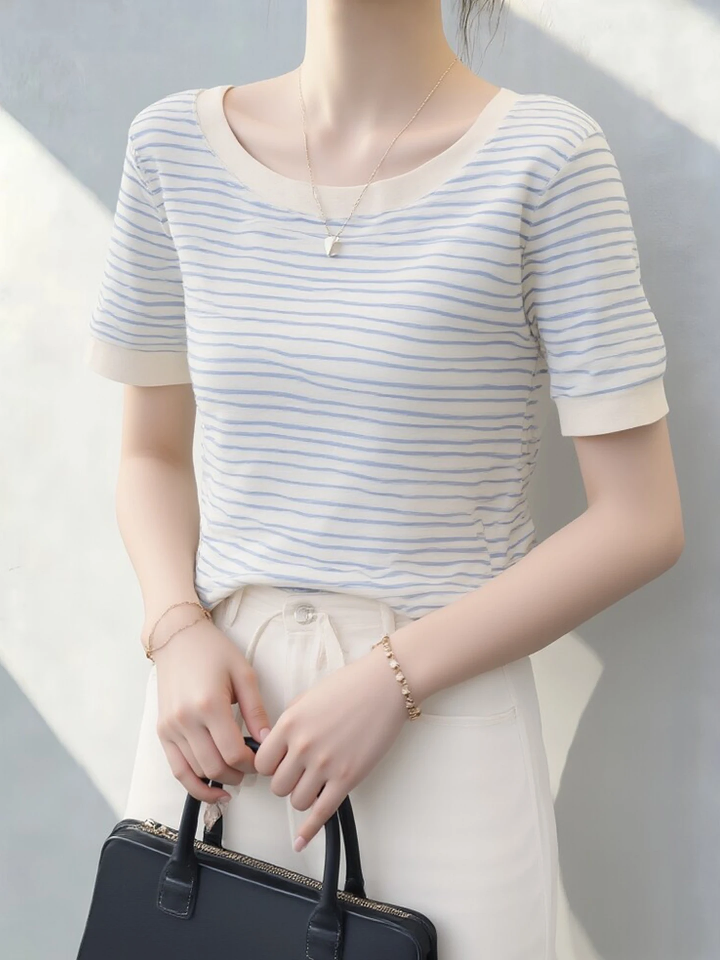 Casual Versatile  Color Striped Crew Neck Short Sleeve T-Shirt Spring Design Breathable Fashionable Base Layer Shirt
