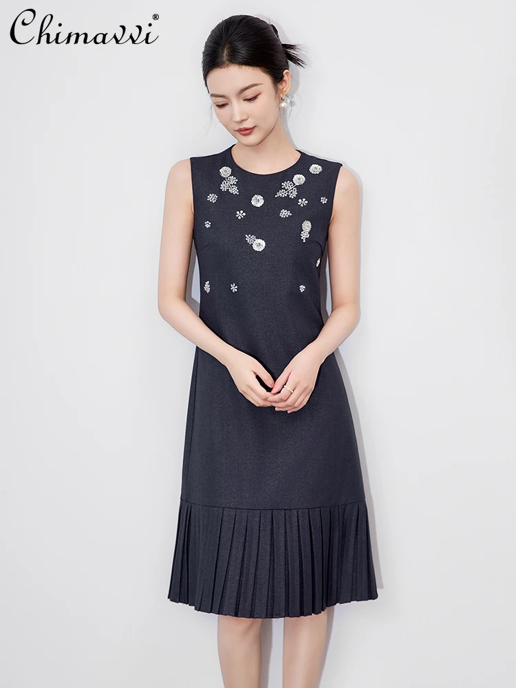 

French Elegant Simple Commuting Dress Beaded Sequin Round Neck Sleeveless High Waist Slim A-line Elegant Long Dress for Women