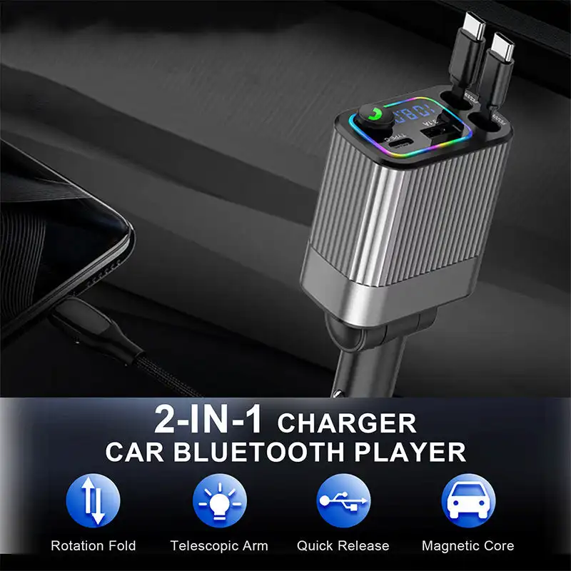 

Bluetooth 5.4 FM-передатчик 4в1 Выдвижное автомобильное зарядное устройство PD Type C USB Быстрая зарядка с выдвижным кабелем Адаптер автомобильного зарядного устройства