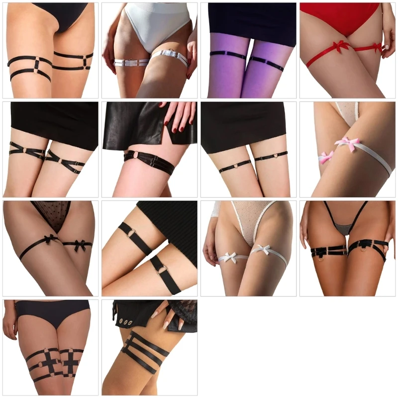 400A Harajuku Leg Garter Belt Adjustable Leg Rings Garter Punk Gothic Thigh Garter with Bows/Layer Design Women Streetwear