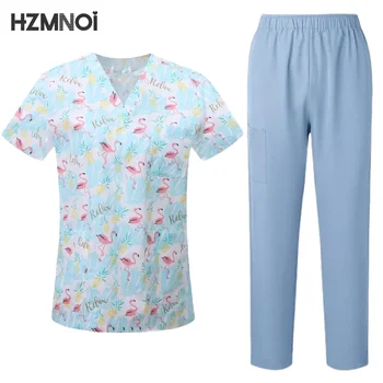 여성용 수술 유니폼 인쇄 블라우스 포켓 바지, 의료 스크럽 세트, 미용실 작업복, 클리닉 스크럽 탑 및 바지, 스파 세트
