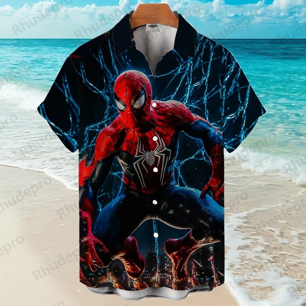 ディズニーメンズアロハシャツスパイダーマンスーパーヒーロー印刷半袖シャツ Ropa カジュアルパラ Hombres Chalas Hombre Verano