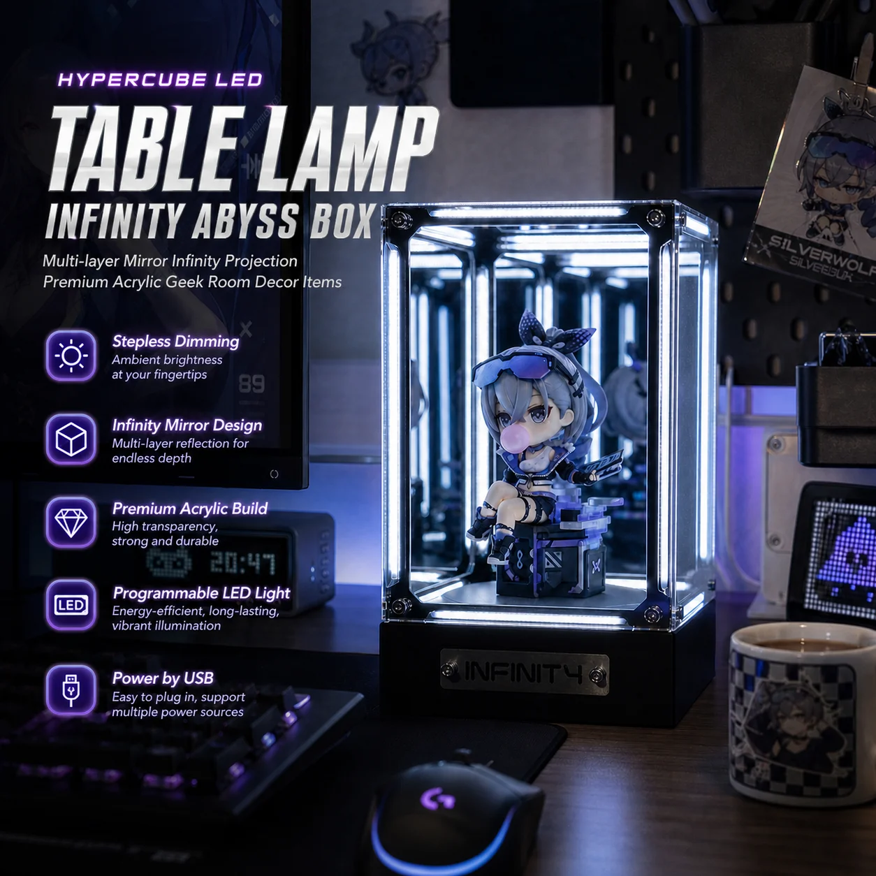 WWPPU Hypercube LED Table Lamp Dual Color Stepless Dimming Infinity Abyss Display Box Acrylic Geek Room Decor Items