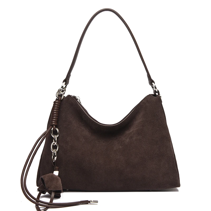 100% Echtes Wildleder Damen Schulter-Umhängetaschen Retro Echtleder Handtasche Designer Große Kapazität Pendler-Handtaschen – Detail 24