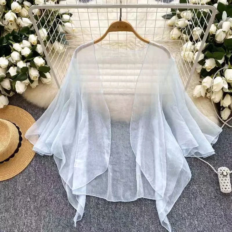 Sommer-Chiffon-Cardigan für Damen, koreanischer Stil, locker geschnitten, einfarbig, langärmlig, lässige Oberteile, süße Büro-Damen-Shirts, All-Match-Sonnenschutz-Shirts