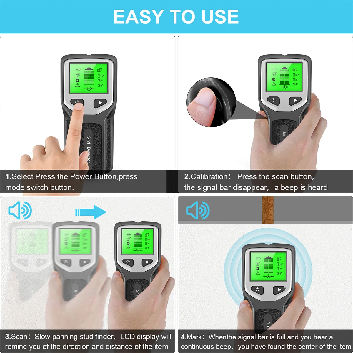 Stud Finder Sensor 5 in 1 Wall Scanner Locator Electronic Wall Detector with LCD Display for Wood AC Wire Metal Studs Detection