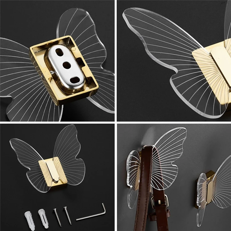 Acrylic Brass Hook Butterfly Robe Hooks Door Bag Key Holder Towel Hanger Rack Wall Mouted Bathroom Hardware Storage Holder