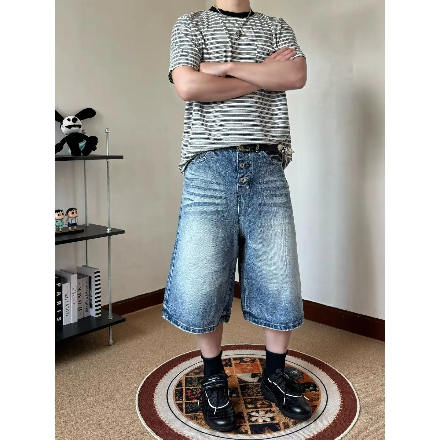 Summer Men's Single Breasted Denim Shorts Casual Y2k Sweatpants Cool Boys Wide Leg Bottom Male High Waist Calf-length Pants
