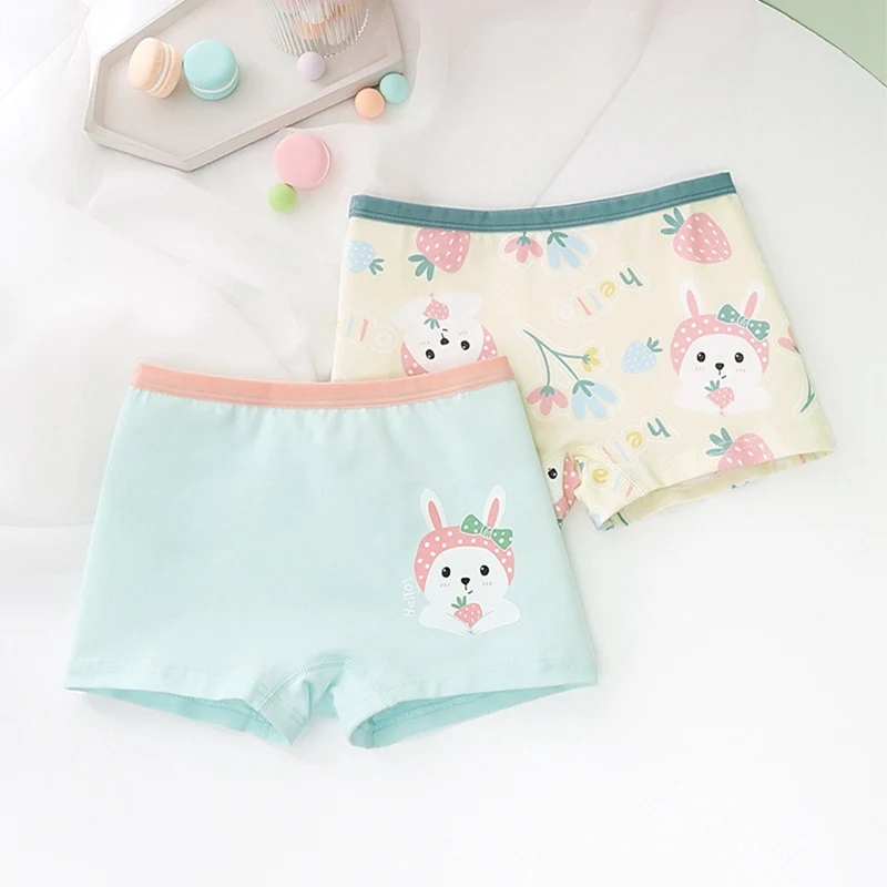 2Pcs Girls Panties Pure Cartoon Print Cotton Boxer Shorts Children Girls Small Kids Baby Four Corner Panties Underwear Panty Set