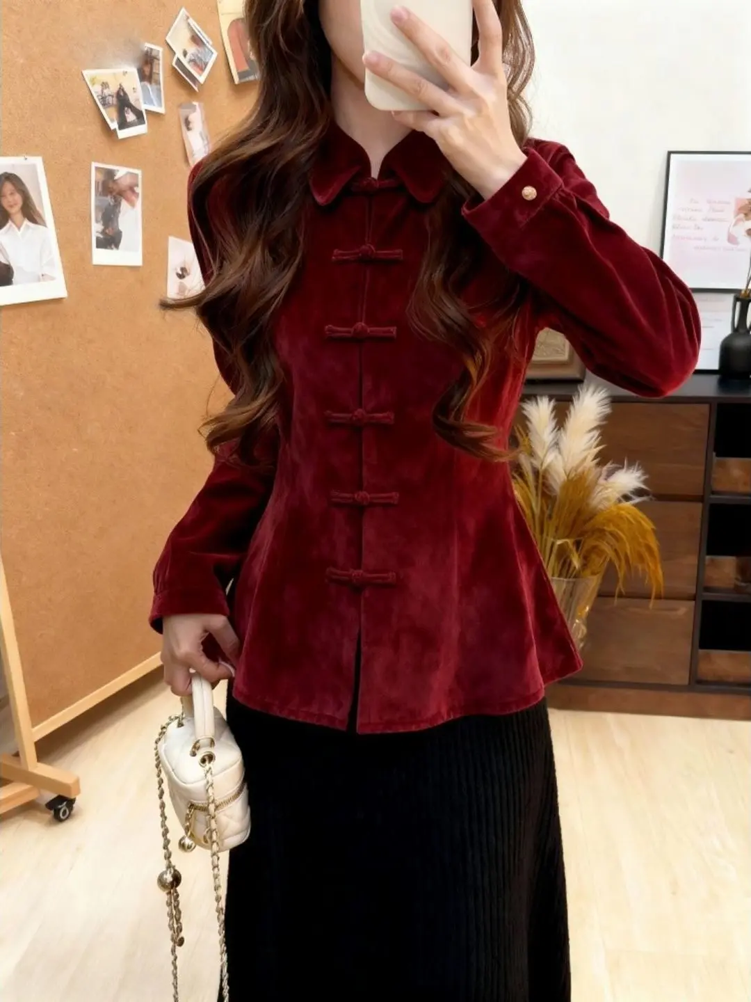 

Элегантный женский топ из красного бархата с длинным рукавом, приталенный, с вырезом на талии, зимний, модный, премиум-класса, в китайском стиле, высокое качество