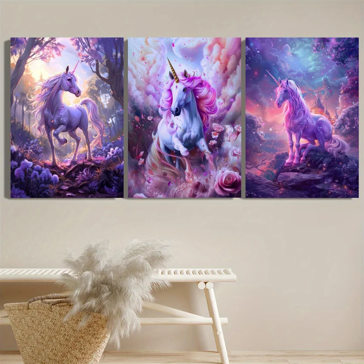 3Pcs Fantasy Unicorn Canvas Wall Art Purple Pink Magical Castle Forest Floral Prints for Girls Bedroom Decor