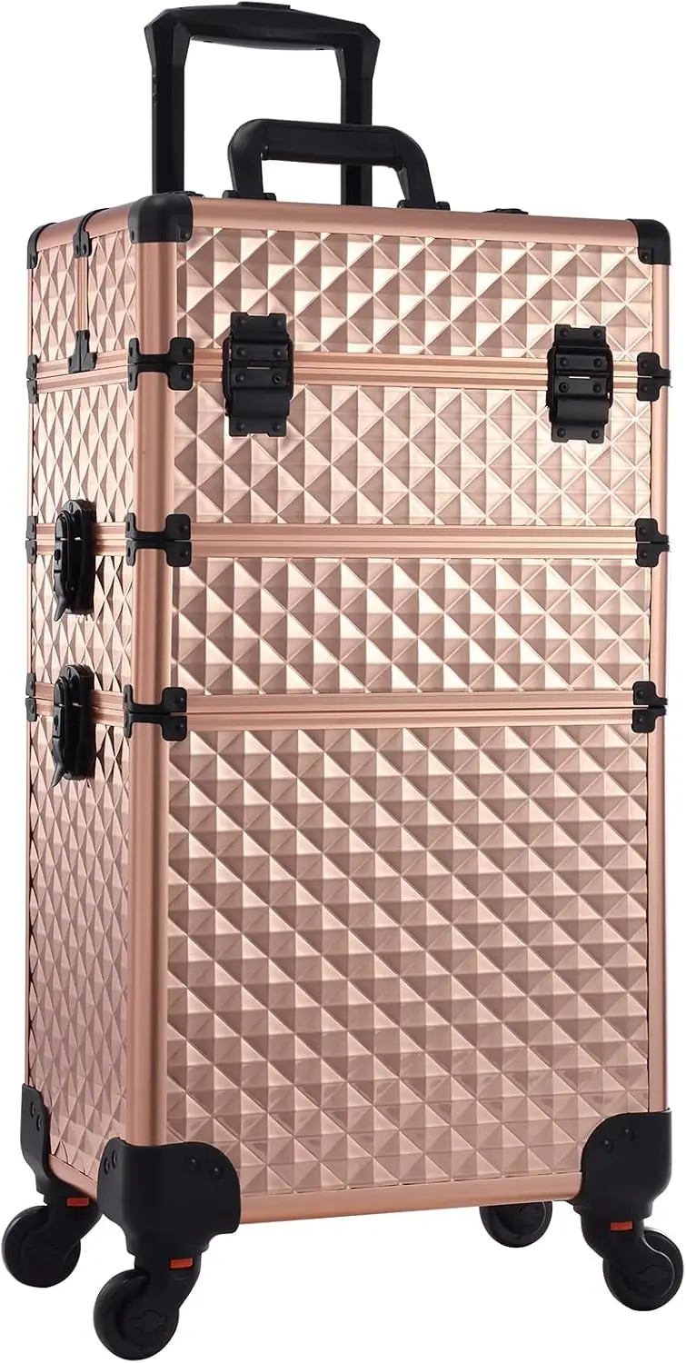 3 In 1 Professional Rolling Makeup Train Case Aluminum Trolley 360 Rotation Wheels Makeup Artist Cosmetic Suitcase Organizer Loc
