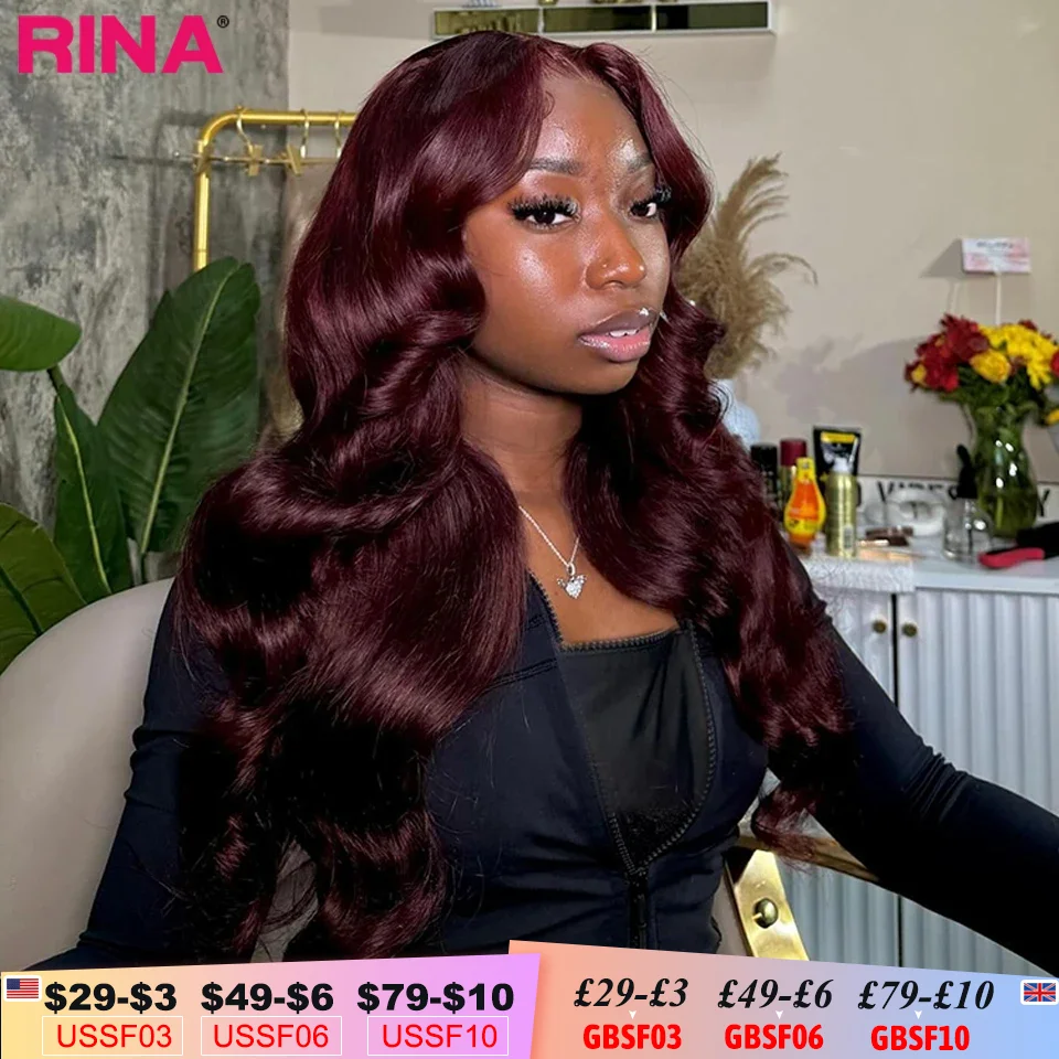 99J Dark Burgundy 180 Density Body Wave 13x4 Lace Front Wig 13x6 Human Hair Lace Frontal wig Transparent Lace Colored Brazilian