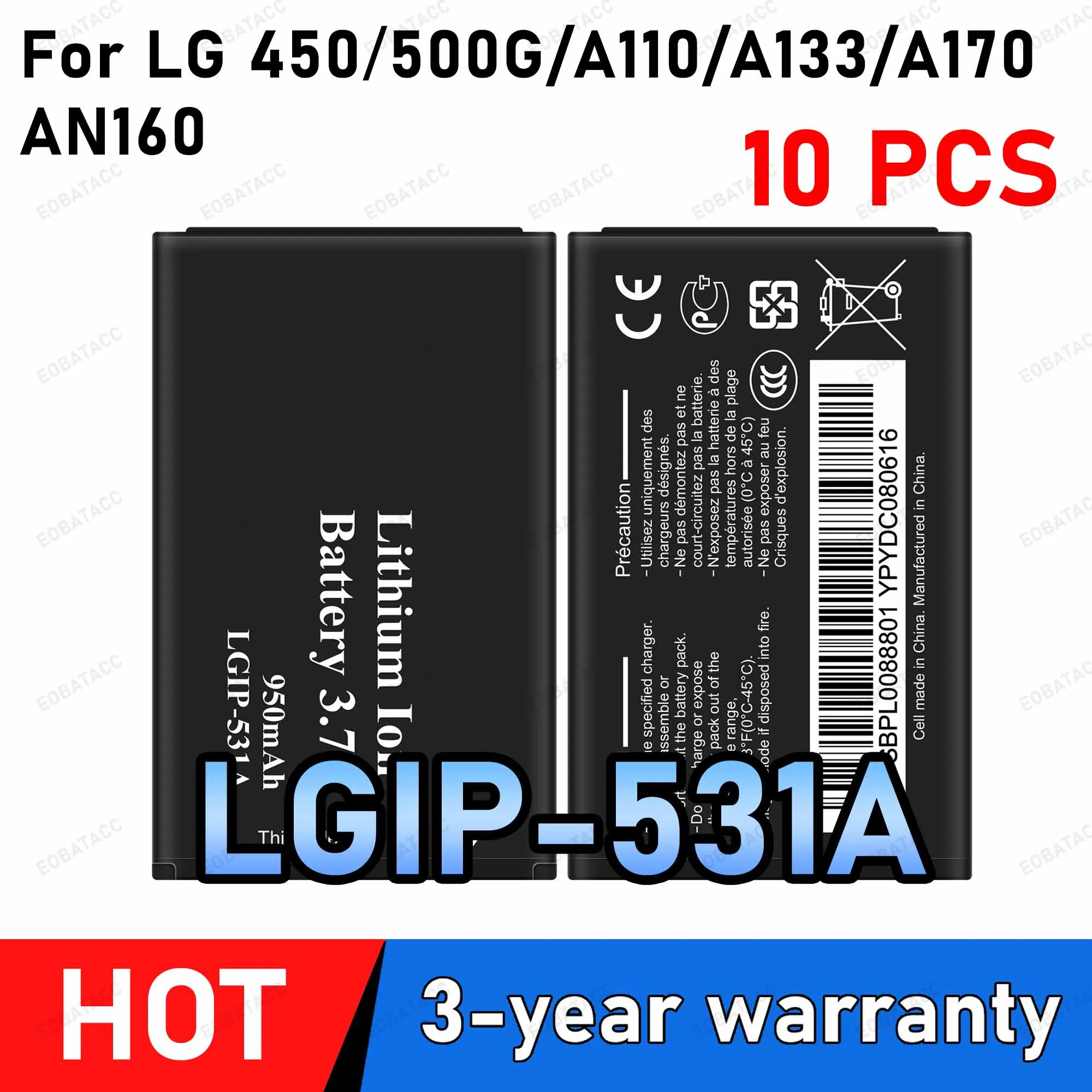 10Pcs LGIP-531A 950mAh Battery For LG 450/500G/A110/A133/A170/AN160 Mobile Phone