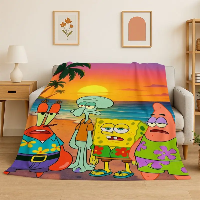 Cute S-SpongeBob Cartoon Soft Flannel Throw Blanket,Warm Cozy Blanket for Bed,Couch,Sofa,Bedroom,Living Room,Travel,Picnic Gift