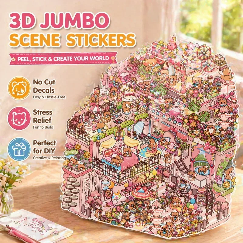Oversized Advanced Scene Stickers Feature 3D Stereoscopic Uncut Design Soft Korean Cartoon Styles Delicate Miniature Landscape