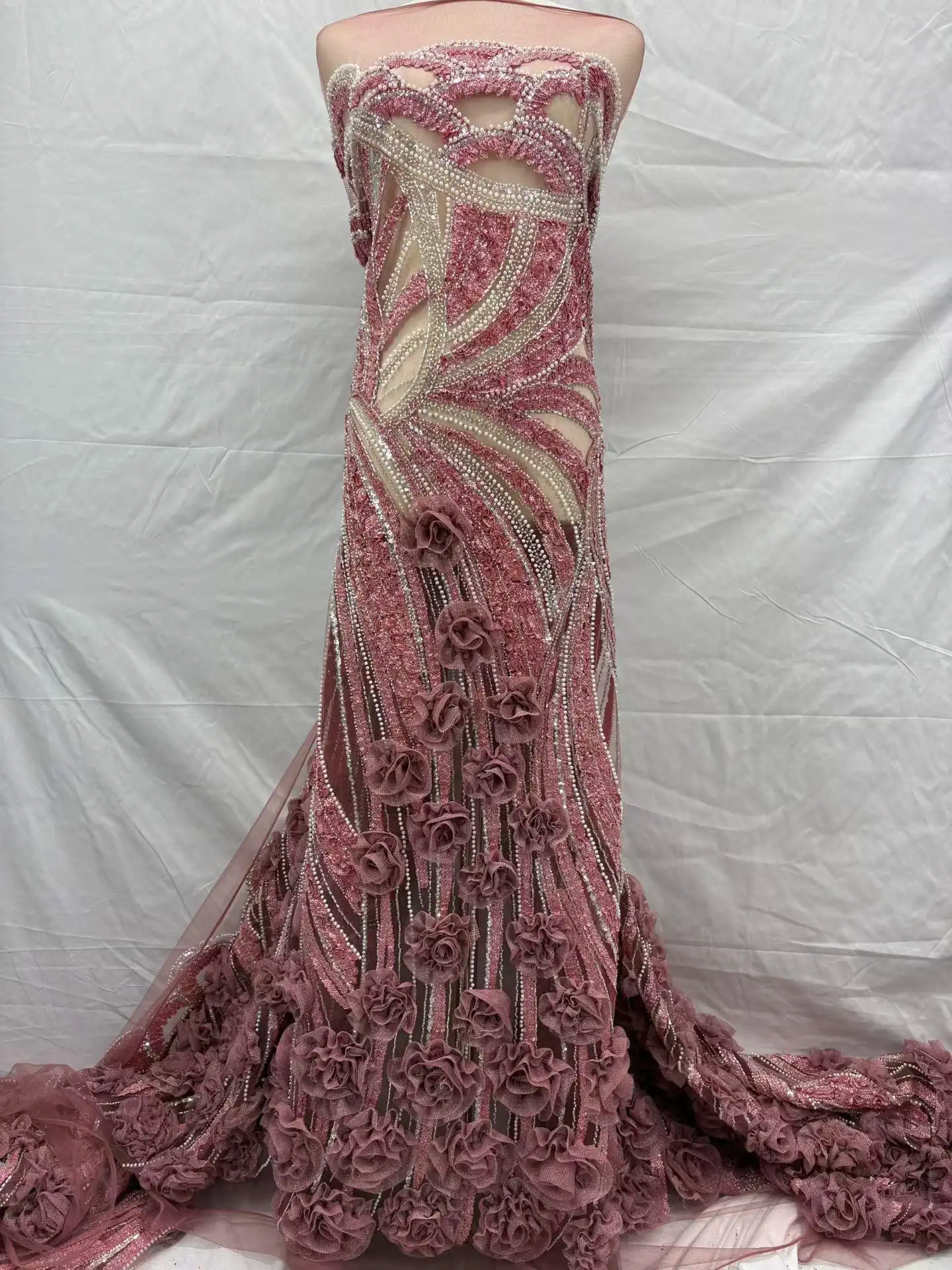 

3D-кружевная ткань с цветочным узором и африканскими пайетками, высококачественный французский нигерийский сетчатый кружевной материал из тюля для пошива свадебных платьев, коллекция 2026 года