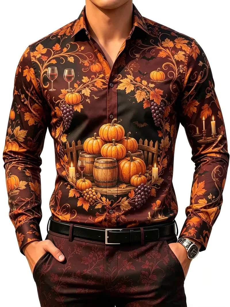 New Halloween Men Long Sleeve Shirt Autumn Pumpkin Grape Wine Print Turn Down Collar Casual Button Holiday Men's Clothing