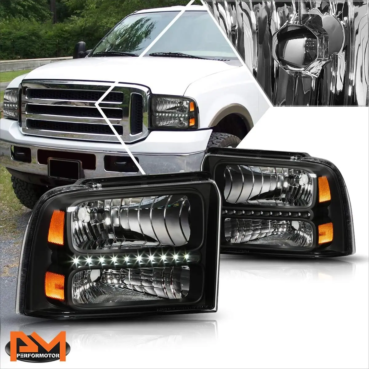 

LED DRL Headlights Assembly Set Compatible with 05-07 Ford F250-F350 SD | Headlamps with Black Housing Amber Corner