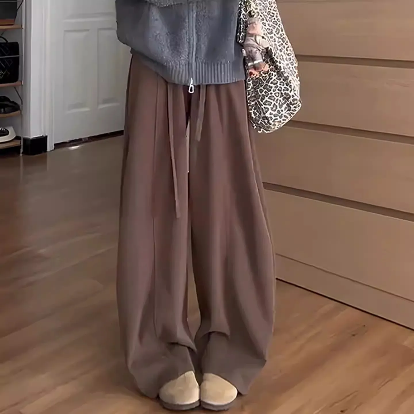 

Женские широкие брюки Deep Coffee с флисовой подкладкой, повседневные, прямого кроя, свободные, стройнящие, осенне-зимняя новинка