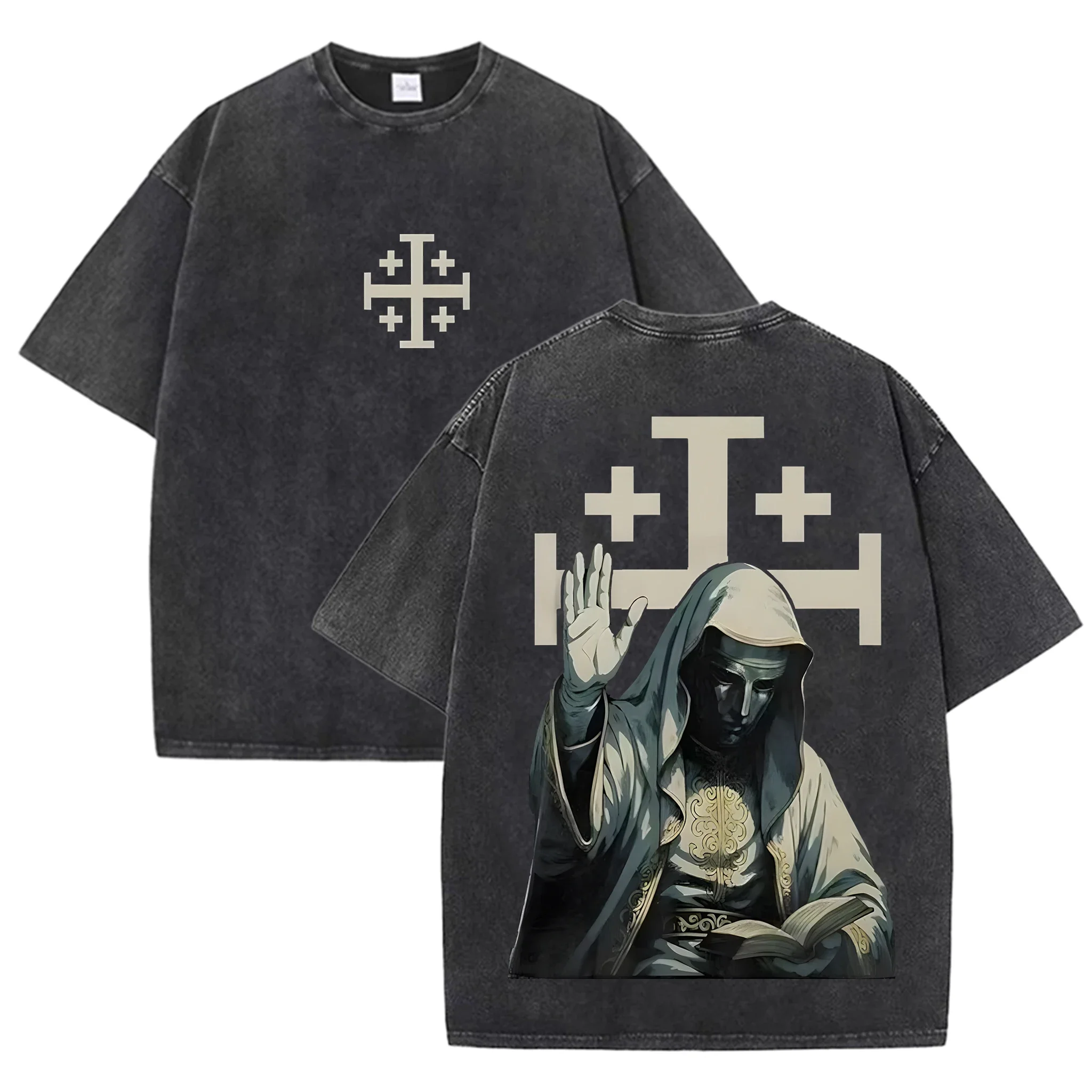 Double Sided Jerusalem Cross Chest Dark Saint Mary Reading Bible Cross Back Print Gothic Religious Streetwear Short Sleeve Tee