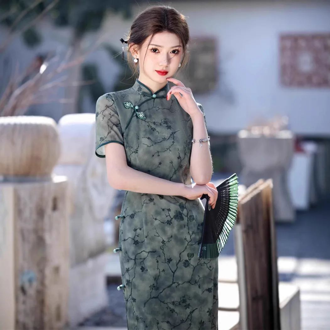 Summer New Cheongsam Modern Mesh Side Button Long Green Lady Chinese Style Women Qipao Chinese Traditional Dress Women SW-050
