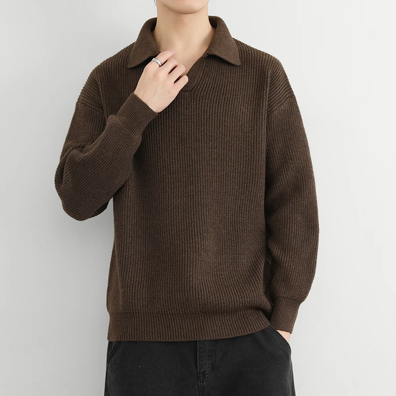 

Мужской вязаный свитер с воротником в стиле ретро, свободный крой, утепленный, зимний, из комфортной полиэстеровой смеси