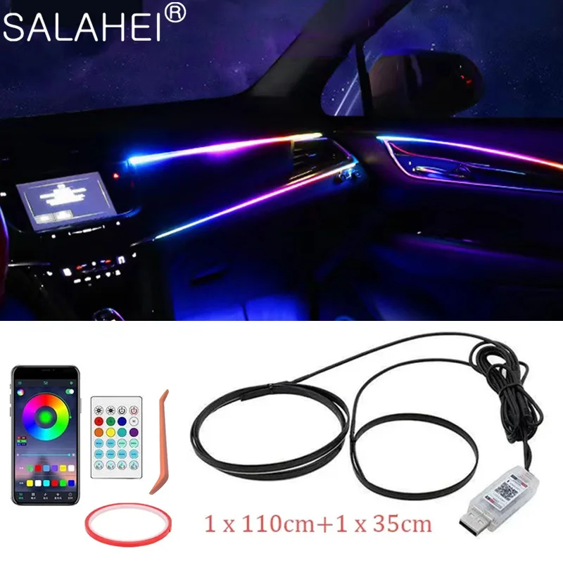 64 Colors USB Car LED Ambient Light Acrylic Strips 110cm Full Colors RGB Car Interior Hidden App Remote Control Atmosphere Lamp