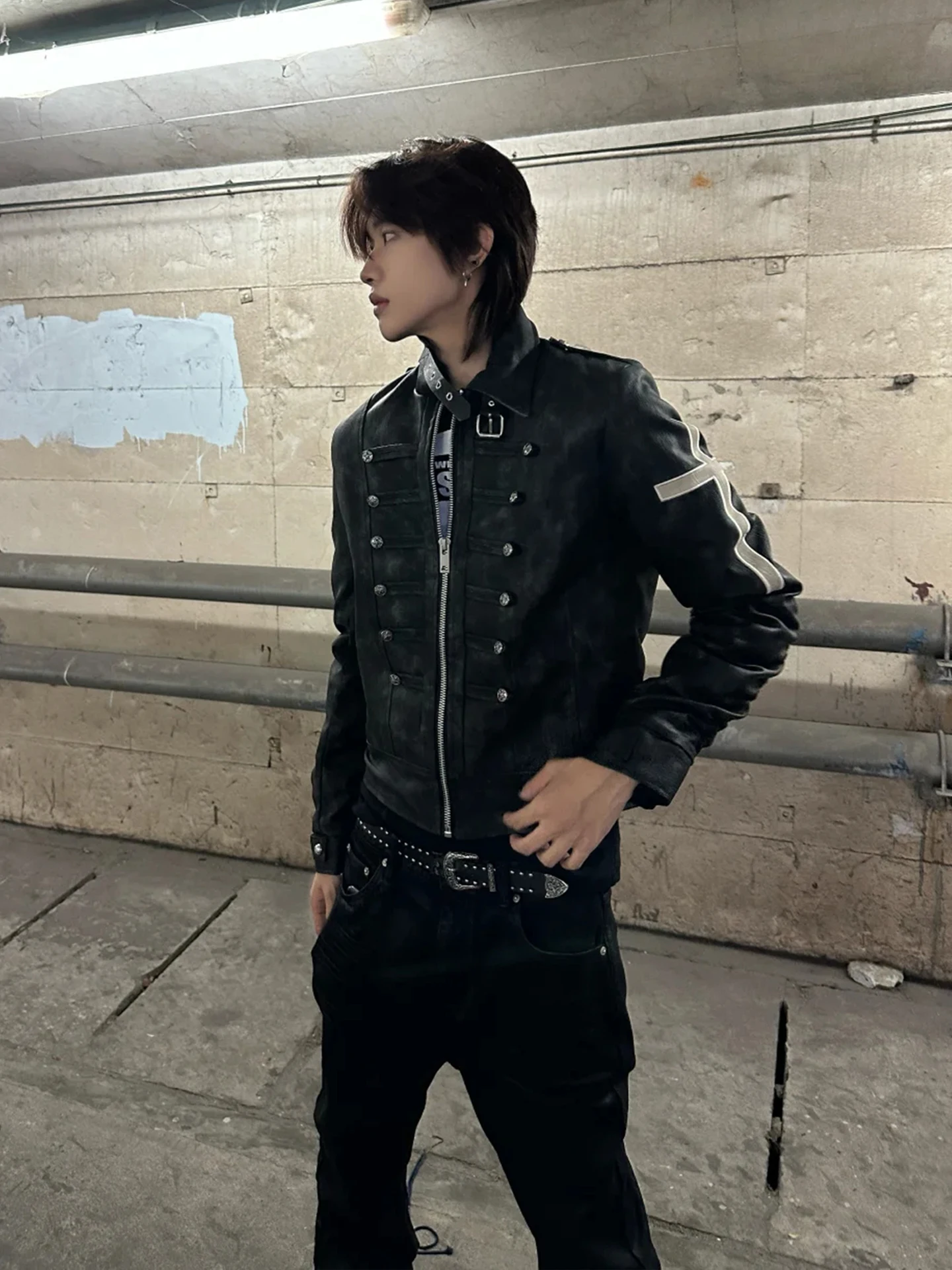 Black Short Slim Fit Leather Jacket for Men Cross Visual Punk Style Spring Shoulder Length Zipper Closure Waterproof PU Leather