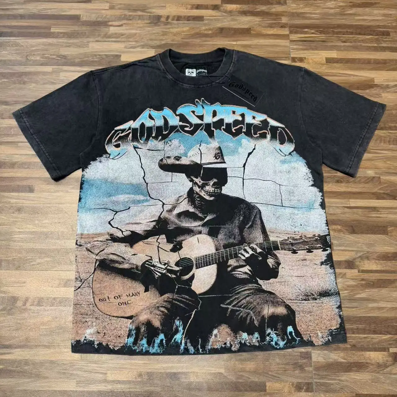 American Style Godspeed Skeleton Print T-Shirt Vintage Washed Cotton Short Sleeve Loose Fit round Neck Youth Fashion Streetwear