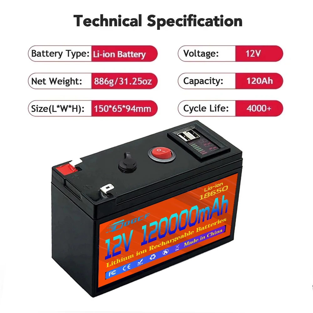 

Литиевый аккумулятор 12 В, 100 Ач, 18650, аккумуляторная батарея для солнечной энергии, аккумулятор электромобиля + зарядное устройство 12,6 В, 3 А