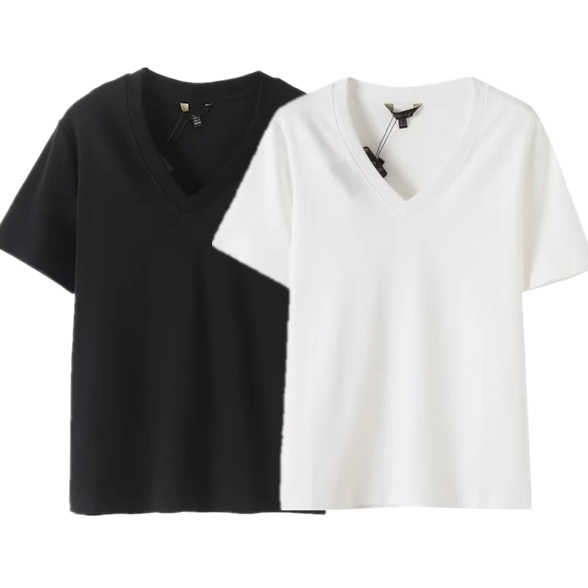 

Maxdutti French Fashion Women's Summer Cotton T-shirt Women Minimalist Solid Color V-neck Short Sleeved T-shirt Top