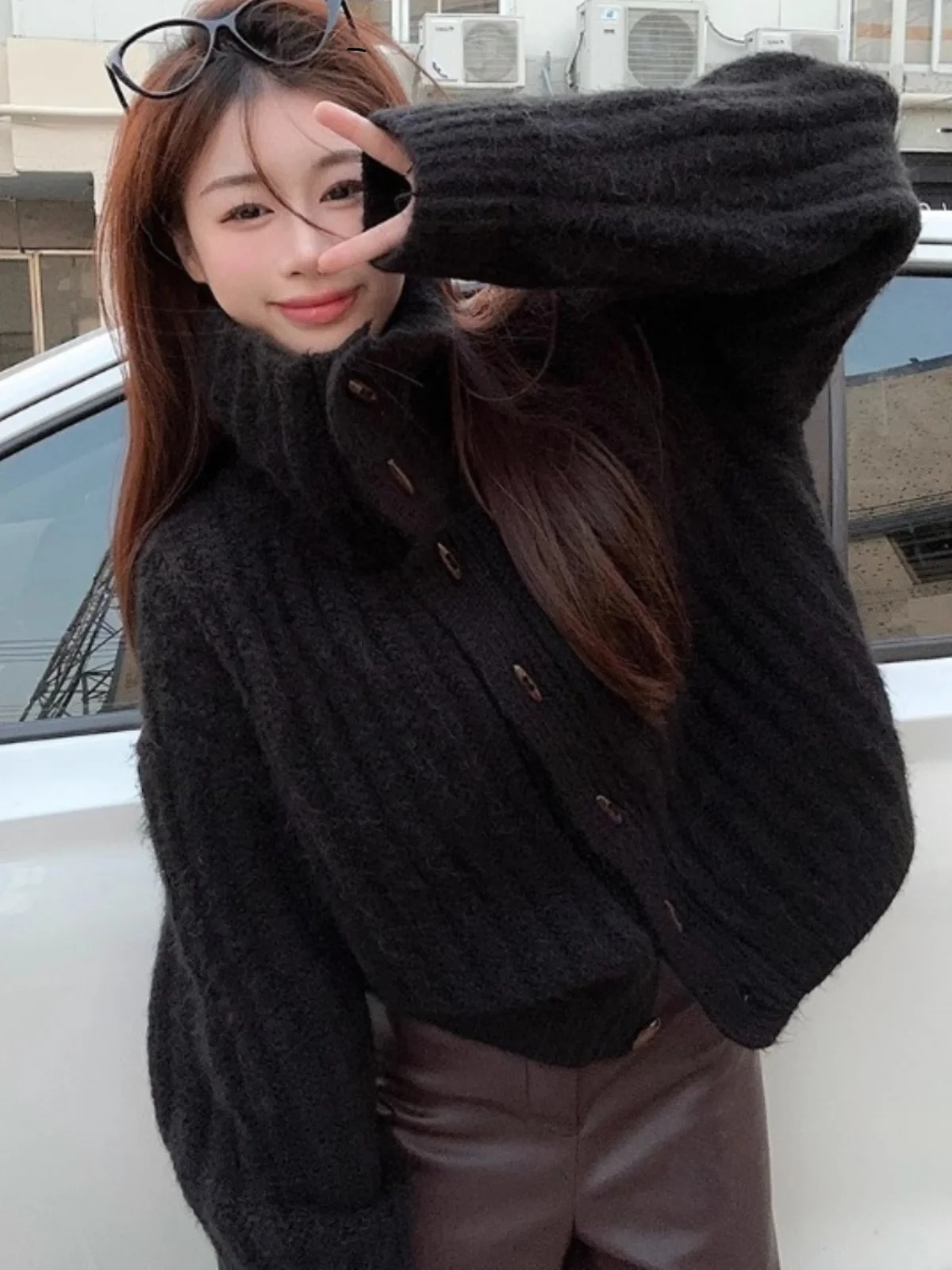 

Вязаный свитер с высоким воротником в стиле ретро, кардиган, женский свободный весенне-осенний ленивый мягкий уютный вязаный верхний костюм, топ Thi Top