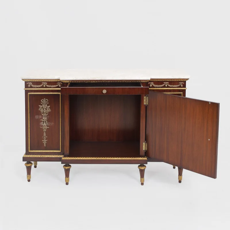 Solid wood carving flower dining side cabinet, neoclassical gold-painted marble villa entrance paint end view table