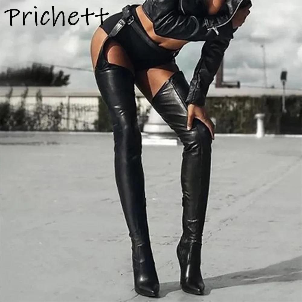 

Belt Solid Thigh High Boots Black Red Side Zipper Pointy Toe Thin Heels Sexy Leather Shoes Winter Fashion Women's Runway Shoes