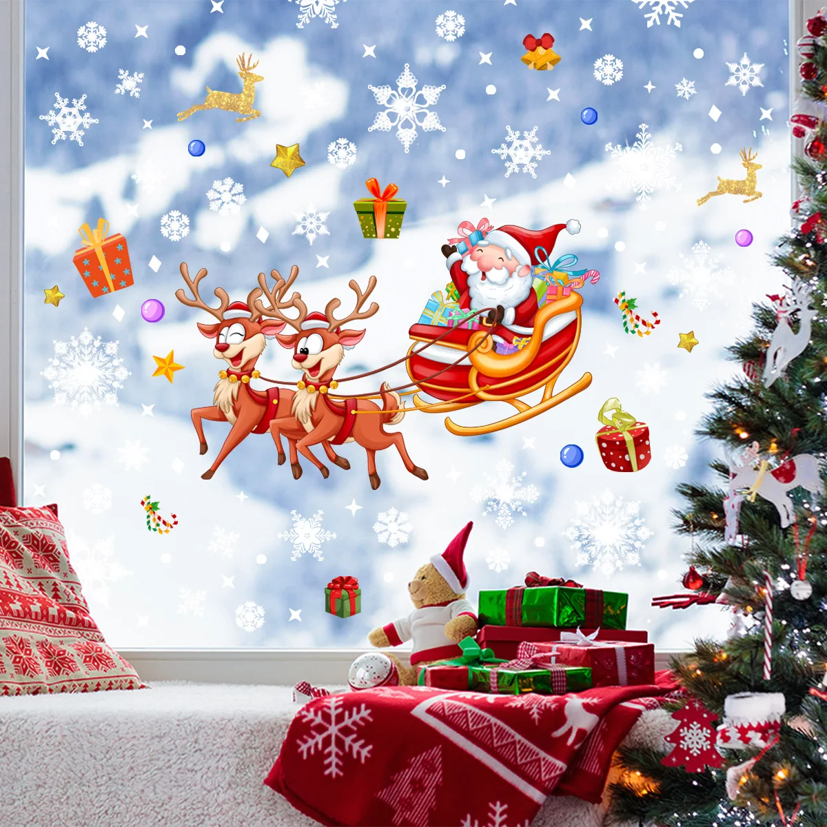 4pcs Santa Claus Fawn Snowflake Christmas Wall Stickers Electrostatic Glass Stickers Living Room Window Home Decoration Stickers