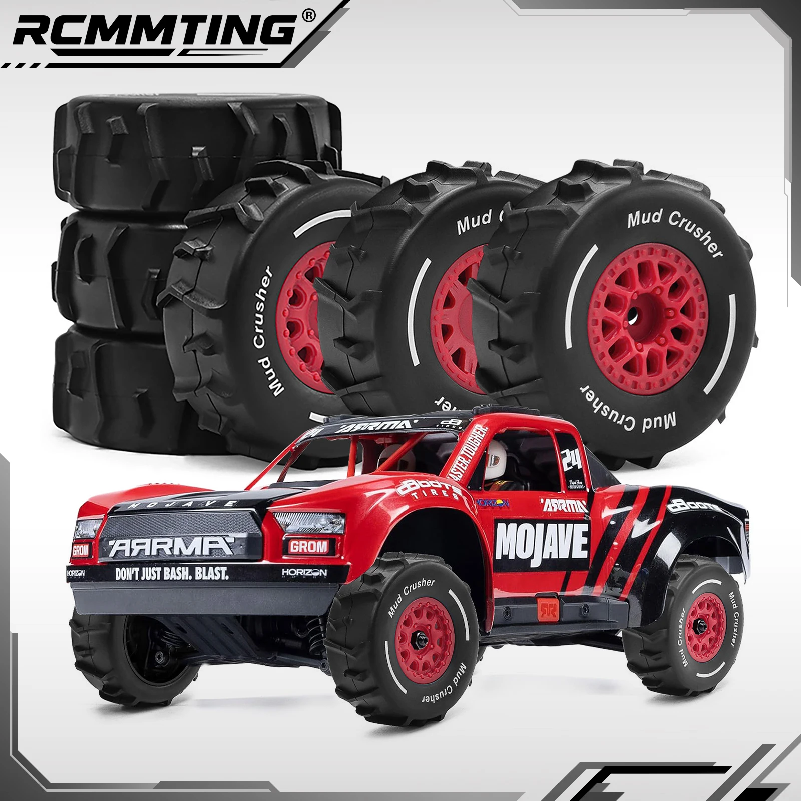 RCMMTING 12mm Hex Off-Road Rubber Tires & Plastic Wheel Hub Set for ARRMA 1/14 TYPHON GROM RC Car Upgrade Parts