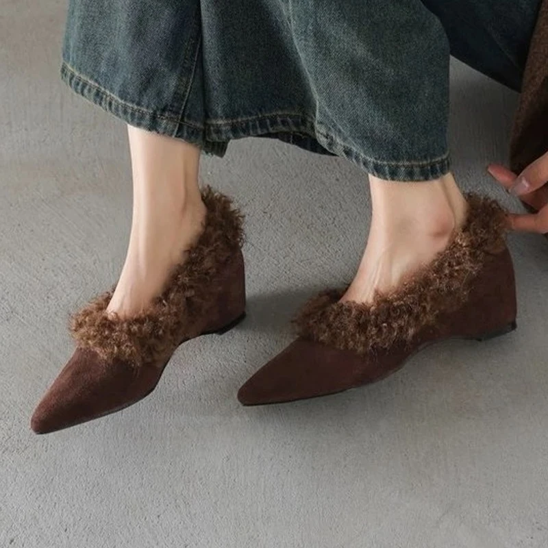 

Pointed Toe Women's Shoes Fur Flats Fashion Suede Loafers Shoes 2025 New Warm Winter Boots Luxury Shallow Sexy Dress Mujer Boots
